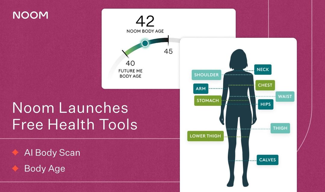 Image includes screen captures of AI Body Scan and text that reads "Noom Launches Free Health Tools: AI Body Scan, Body Age"